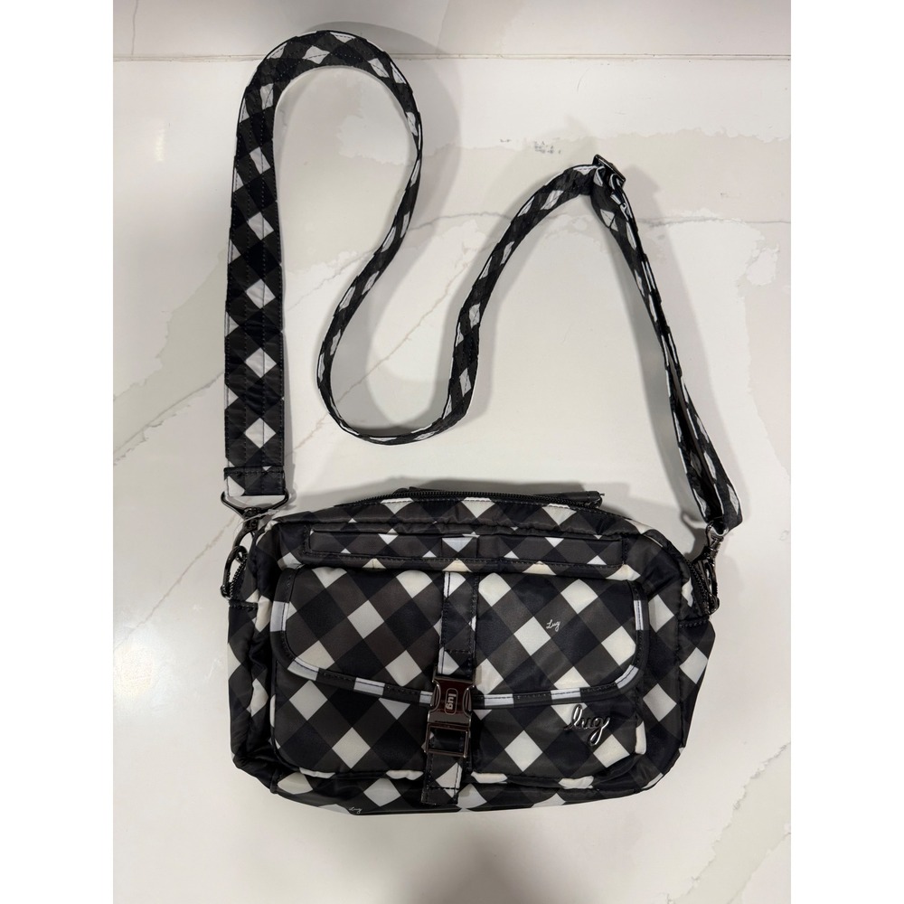 Lug Crossbody Bag Black White Buffalo Check Gingham Multi Pocket Travel Purse